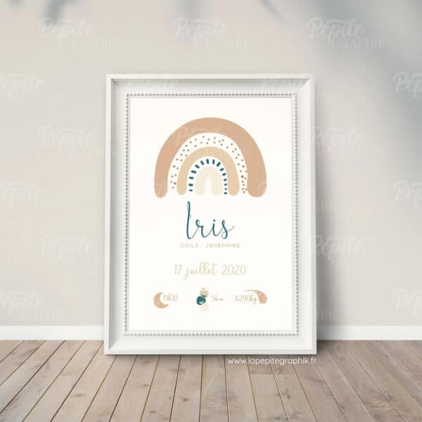 Affiche naissance arc en ciel beige et bleu canard