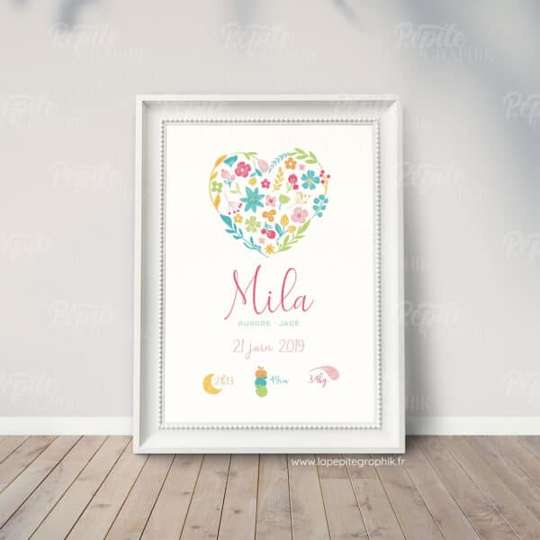 Affiche naissance coeur fleuri et coloré