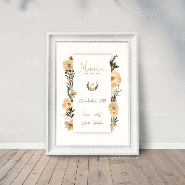 Affiche naissance fleurs beiges