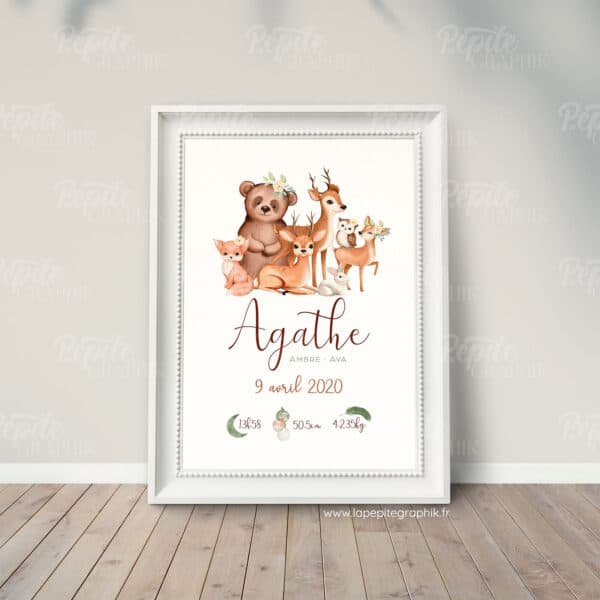 Affiche naissance animaux foret fleur