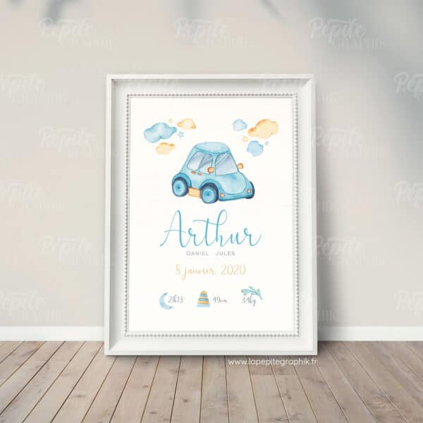 Affiche naissance voiture bleue