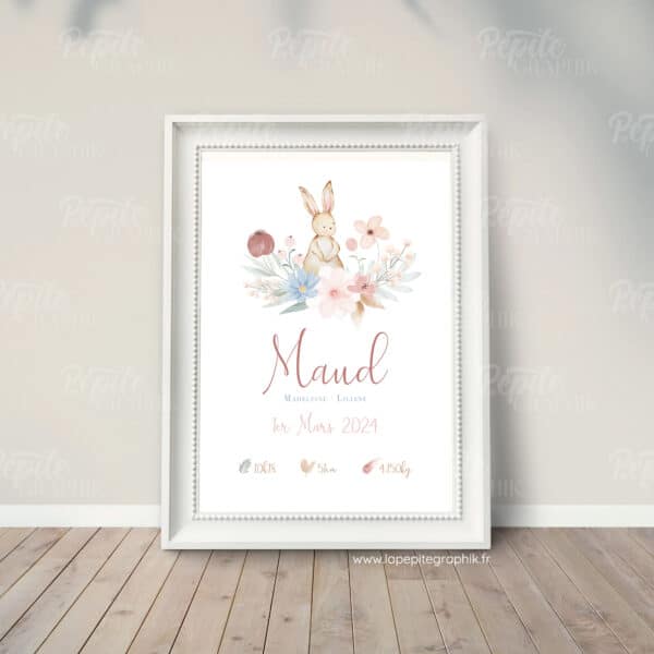 Affiche naissance lapin fleuri